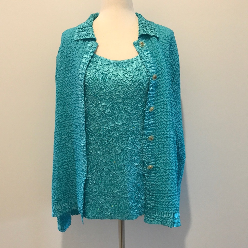 Vintage Sleeveless Teal Sequin Tank Top with Matching Button Down Blouse